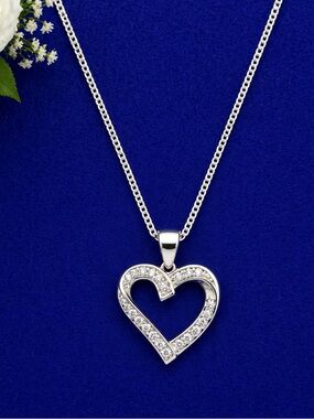 Sterling Silver Heart Pendant Necklace in Silver with CZ- 18 in